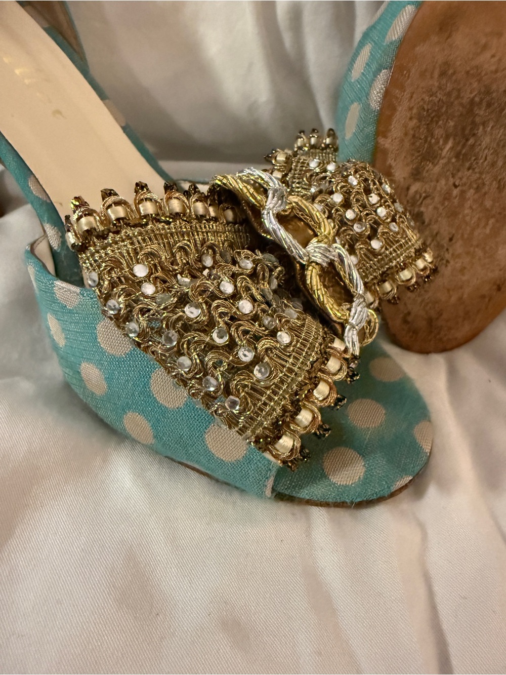 bettye muller Teal Polka Dot Peep-Toe Heels with Gold Jeweled Trim
